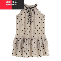 YIBUSHENG法式系带波点挂脖连衣裙女季气质宽松a字裙复古桔梗休闲短裙子