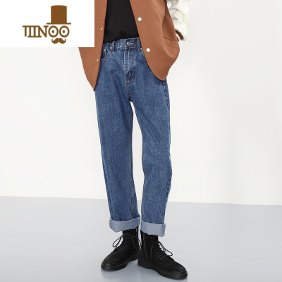 YANXU新款深蓝色直筒牛仔裤男宽松休闲潮流简约百搭休闲男士长裤子