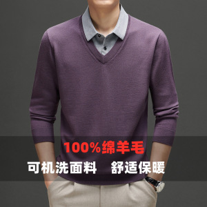 100%绵羊毛假两件青年细软加厚450g男式毛衫保暖休闲濮院毛衣衫