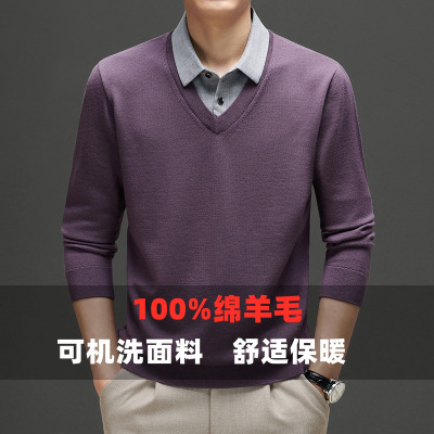 100%绵羊毛假两件青年细软加厚450g男式毛衫保暖休闲濮院毛衣衫