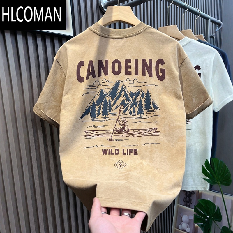 HLCOMAN夏季潮流印花短袖t恤衫2025年新款复古做旧体恤吸汗透气男士上衣