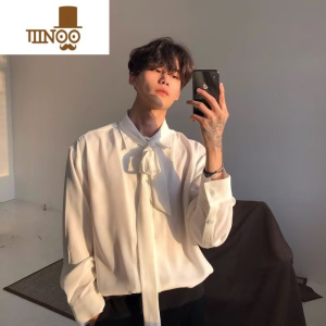 YANXU发型师设计师衬衫男ins日系痞帅领带设计感韩版潮流长袖衬衣外套