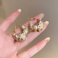 金色珍珠锆石耳圈轻奢高级感气质大气金属新款耳环圆圈夸张耳饰女送女朋友老婆情人节七夕生日礼物