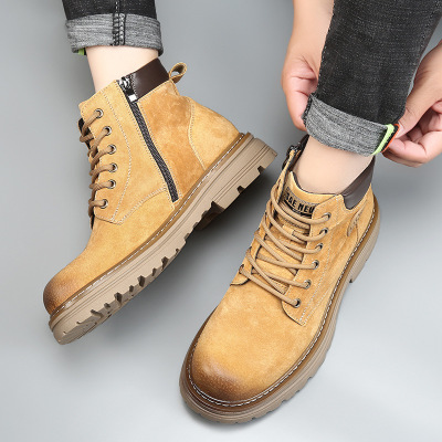 冬季户外机车马丁靴男真皮厚底加绒保暖工装靴男士拉链经典大靴
