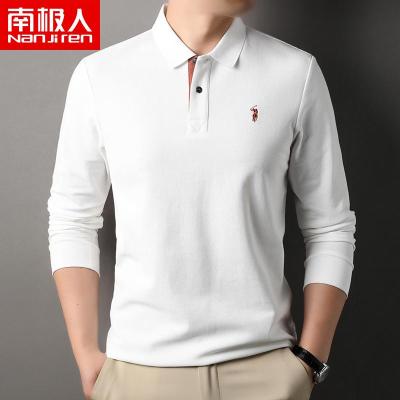 南极人100%双丝光棉高档男士polo衫翻领绣花宽松纯棉长袖T恤加厚