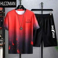 HLCOMAN夏季速干冰丝渐变套装男短袖t恤一套休闲短裤运动套帅气男装