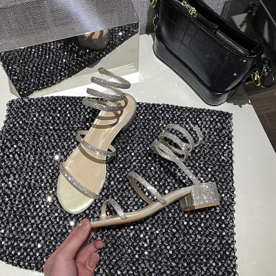 林先森水钻蛇形缠绕凉鞋女粗跟2021夏季新款中跟仙女风露趾网红罗马凉鞋凉鞋