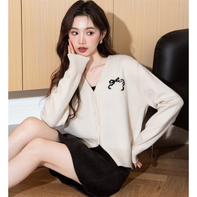 [清仓1折价42.9元,不叠加优惠券]唐狮早春V领蝴蝶结图案开衫针织衫气质简约甜美可爱休闲温柔