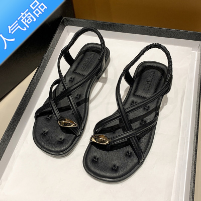 SUNTEK凉鞋女夏仙女风2023新款法式气质平底百搭小众金属套趾时装罗马鞋