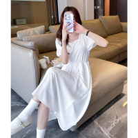 [2.5折价124元]唐狮短袖白色连衣裙夏季女收腰简约方领高级感气质温柔裙子r