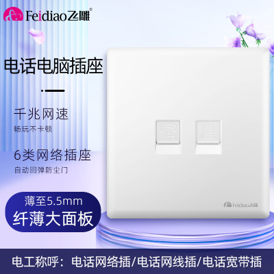 飞雕(FEIDIAO)超薄大板 开关插座格韵系列86型带开关插座面板墙壁电源插座 格韵优雅白电话电脑插