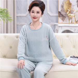 中老年妈妈珊瑚绒睡衣女冬季加厚加绒法兰绒套头秋冬款家居服套装
