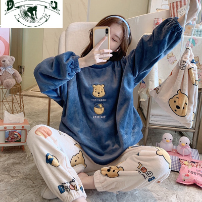 HLCOMAN睡衣女秋冬珊瑚绒加厚加绒2020年新款可爱蜜罐熊保暖法兰绒家居服