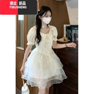 YIBUSHENG茶歇法式辣妹木耳边连衣裙仙女季在逃公主风收腰蛋糕蓬蓬短裙子