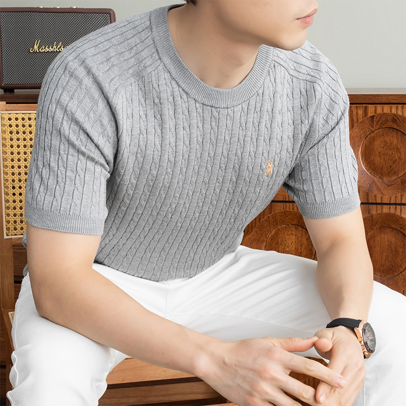 老钱风针织短袖男T恤2026春季新款简约休闲圆领纯色提花男士T恤