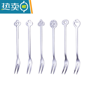 敬平6支装水果叉套装可爱创意小叉子家用欧式水果叉不锈钢签果叉套装 银色A40 6件套牙签