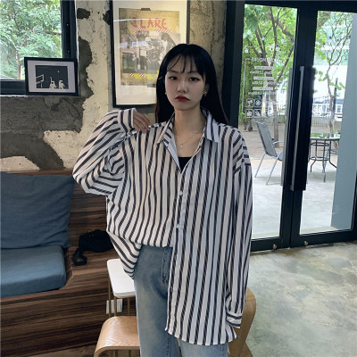 广赫大码女装条纹长袖衬衫女200斤中长款春季韩版复古港味开衫衬衣女衬衫