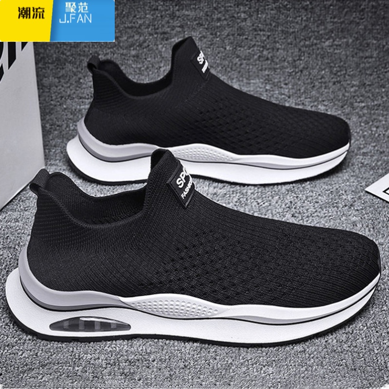 聚范飞织男鞋春季男士一脚蹬网面鞋套脚休闲跑步运动潮鞋增高防滑夏季