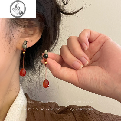 JiMi原创长款红色水滴耳环2023年新款潮独特小众新中式复古耳钉耳饰女