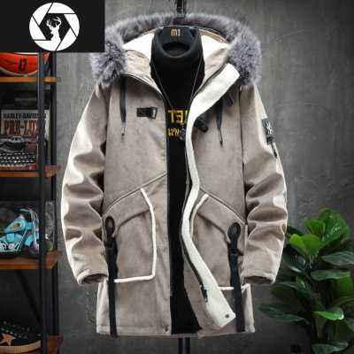 HongZun麂皮绒冬季外套男士韩版潮流棉袄加厚中长款棉衣冬装加绒潮牌棉服棉衣