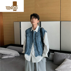 YANXUHualun牛仔马甲拼接衬衣假夹克男上衣款韩版休闲时尚外套