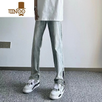YANXU侧边拉链微喇牛仔裤男水洗痞帅裤子网红美式高街潮牌直筒长裤