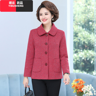 YIBUSHENG妈妈春秋外套女2021新款洋气上衣50岁40中老年人春装毛呢外套宽松妈妈装