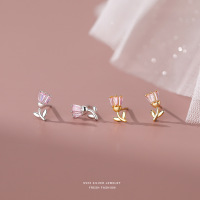 纯银s925法式复古郁金香耳钉轻奢小众气质镶粉色锆石设计耳饰批发送女朋友老婆情人节七夕生日礼物