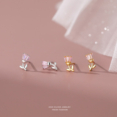 纯银s925法式复古郁金香耳钉轻奢小众气质镶粉色锆石设计耳饰批发送女朋友老婆情人节七夕生日礼物