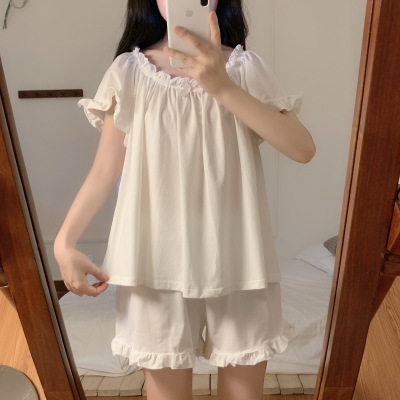 HLCOMAN甜美少女家居服可爱木耳边小蝴蝶结宽松休闲睡衣睡裤套装夏季新款睡裤