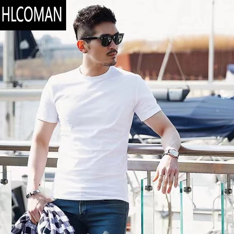 HLCOMAN夏装男士修身白色短袖T恤韩国潮流圆领休闲半袖t恤韩版打底衫
