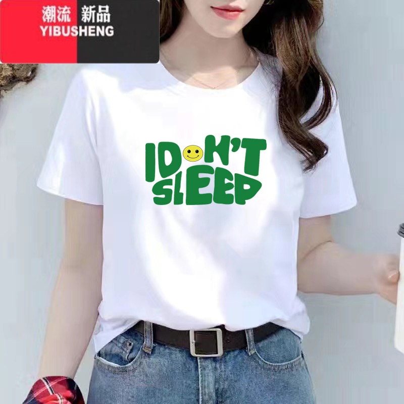 YIBUSHENG短袖t恤女2023季新款白色圆领字母印花简约休闲宽松上衣潮