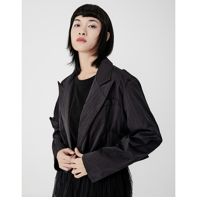 FISHBASKET小众西装领短款外套女薄款休闲YBS原创2021春季新款个性街头风衣风衣女黑色均码