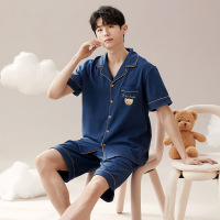 可外穿男士睡衣短袖短裤夏季棉质开衫翻领两件套装青年大码家居服