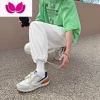 七斓灰色裤子男薄款ins潮流美式宽松抽绳束脚休闲卫裤运动九分裤