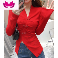 七斓春装2023年新款时尚v领修身不规则长袖t恤女士洋气打底衫别致上衣