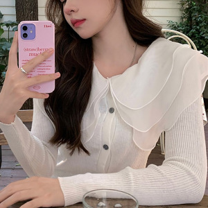 chic甜美温柔针织开衫女薄款娃娃领毛衣长袖荷叶边领拼接修身上衣