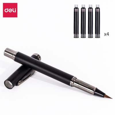 得力（deli）钢笔式软头毛笔可加墨换芯成人初学者学生美工书法练字套装75510黑色