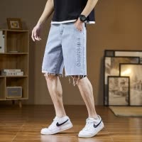 [8.5折价76.4元叠加优惠券]唐狮夏季新款牛仔短裤压印字母潮流百搭毛边破洞浅色五分中裤