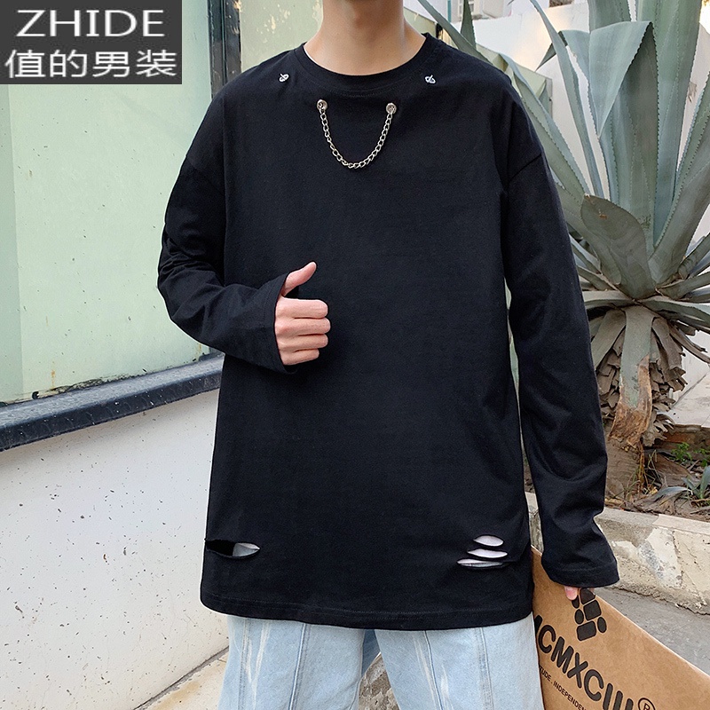 SUNTEK春秋新款韩版潮流棉百搭宽松割破打底衫长袖T恤男士内搭上衣白tT恤