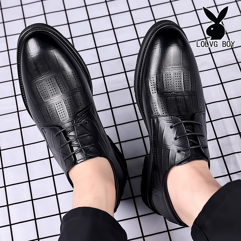 皮鞋男夏季新款凉鞋真皮商务正装皮鞋镂空透气休闲英伦真皮德比鞋