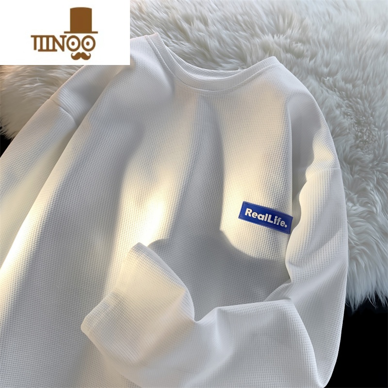 YANXU华夫格白色长袖T恤男士新款宽松休闲潮牌卫衣男生装上衣服