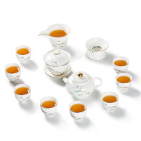 金镶玉 羊脂玉瓷功夫茶具套装 家用陶瓷白瓷茶壶盖碗喝茶套组送礼礼盒装 山水情缘茶具套装