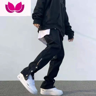 七斓欧美vibe风黑色高街裤子男工装机能排扣设计感小众情侣潮牌牛仔裤