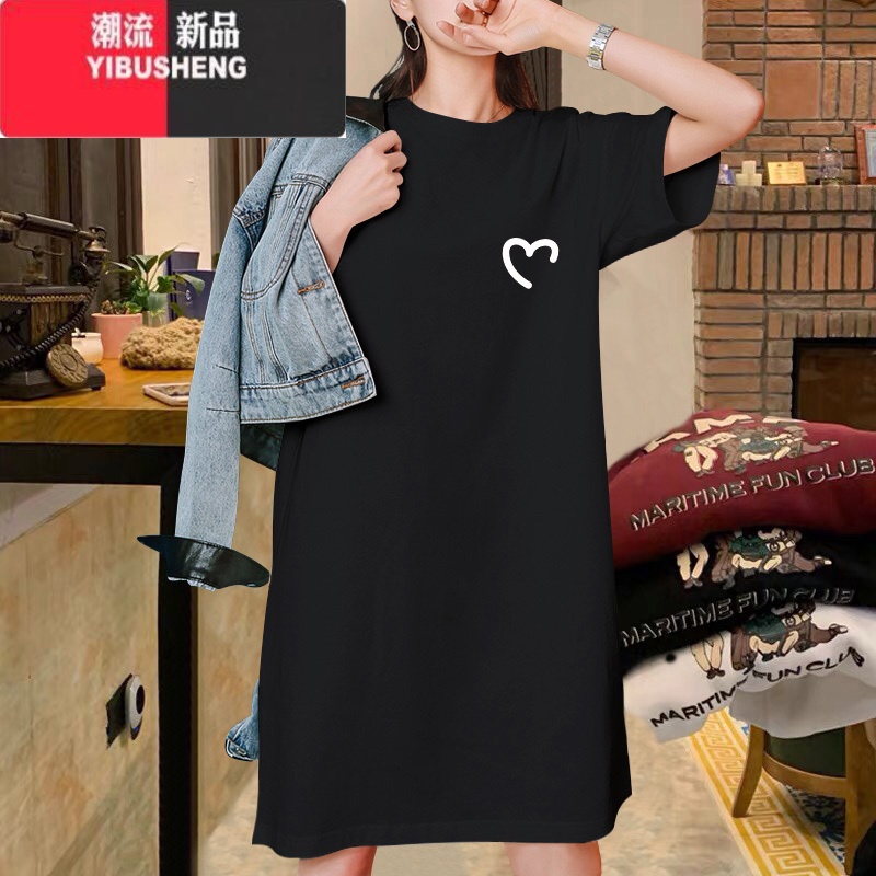 YIBUSHENG墨绿色中长款t恤裙2024季新款韩版宽松显瘦大码短袖连衣裙ins潮