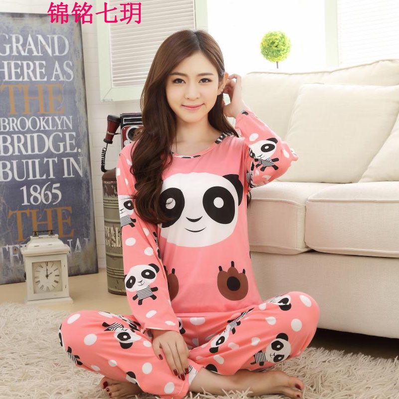 锦铭七玥2018春季长袖少女睡衣牛奶丝睡衣女士休闲薄款居服套装