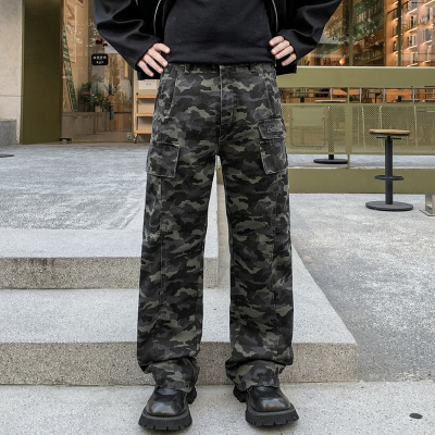 美式cleanfit微喇迷彩裤子男士显高男女款牛仔裤设计感多口袋工装