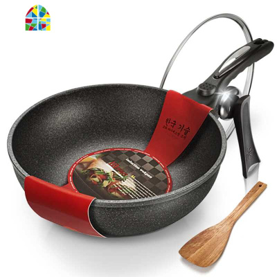 韩国炒锅不粘锅铝合金家用平底炒菜锅燃气电磁炉通用麦石锅 FENGHOU 32CM炒锅可立防溢盖配木铲