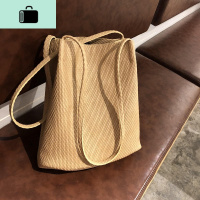 编织纹韩国百搭女包休闲单肩水桶包ins夏季新款手提女母包NEW LAKE 卡其色女手包