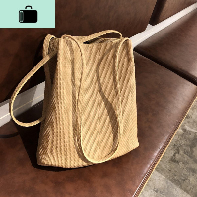 编织纹韩国百搭女包休闲单肩水桶包ins夏季新款手提女母包NEW LAKE 卡其色女手包
